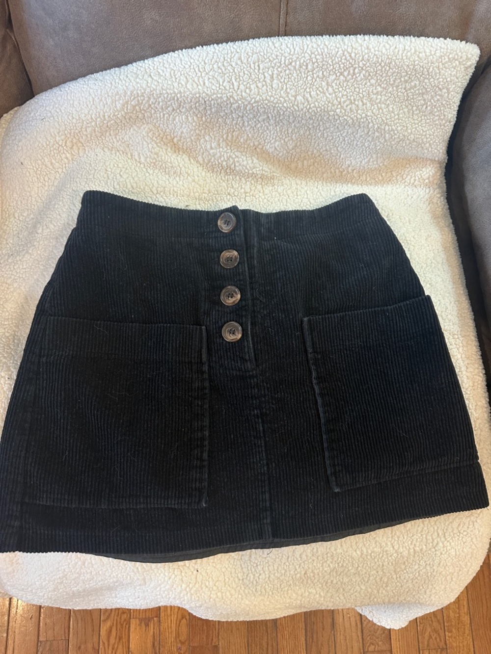 Black Corduroy Button-Front Mini Skirt